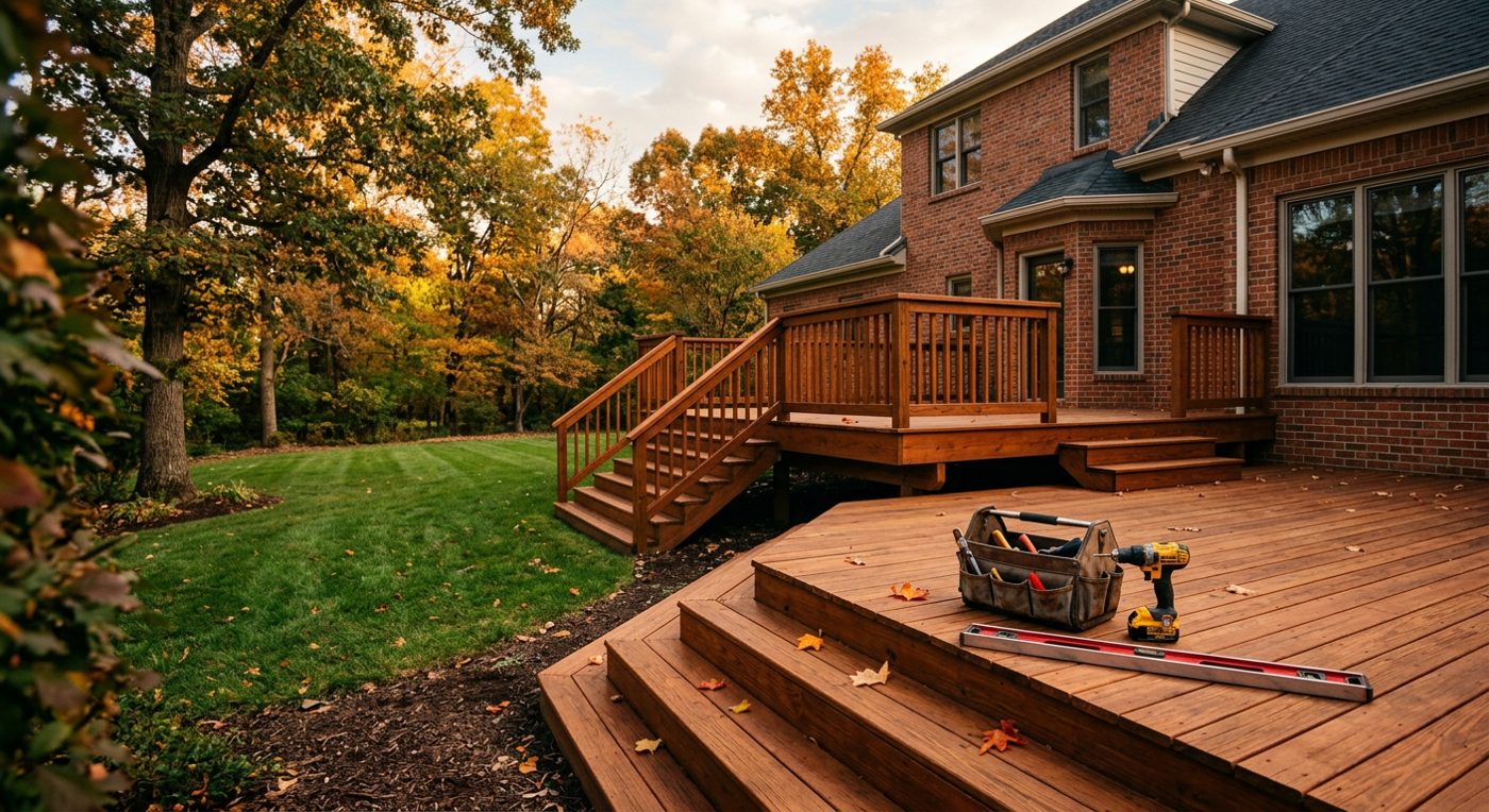 Jack Of The Trade Handyman Services website, Lexington KY: repaired and stained deck on a brick home