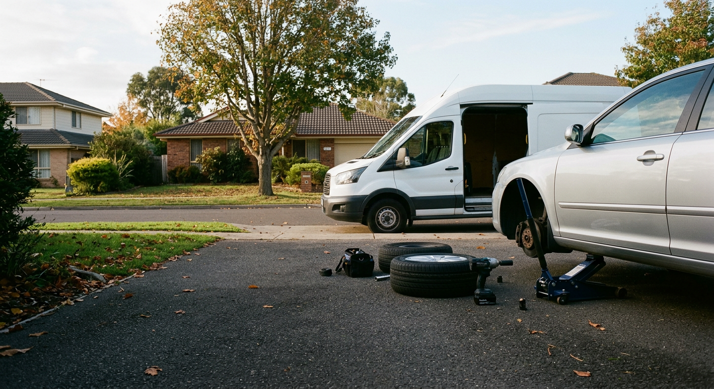 Vinny's mobile service van parked in a driveway beside a car up on a jack